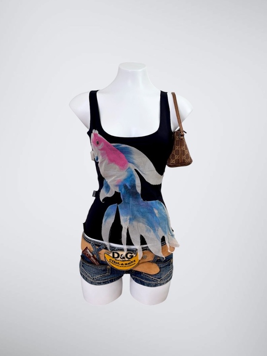 Moschino Tops - RARE Archival Vintage Moschino Betta Fish Graphic Top Distressed Mesh Overlay Y2